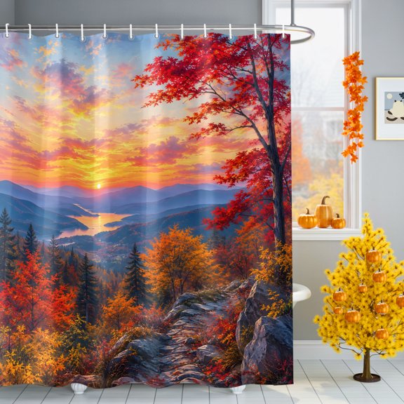 Fall Landscape Shower Curtain for Bathroom, Sunset Serene Red Orange Maple Trees Forest Mountain Waterproof Machine Washable Shower Curtain Set with Hooks, Bath Decoration for Home Bathtub 54"x78"