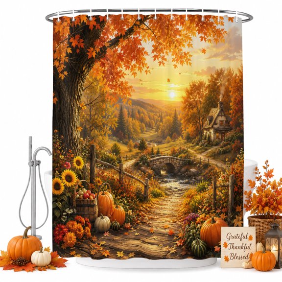 Fall Landscape Shower Curtain Set with Hooks, Orange Gold Maple Leaf Pumpkins Tree Rustic Countryside Sturdy Water Repellent Shower Curtains for Bathroom Bathtub, Machine Washable 72x72 Inch