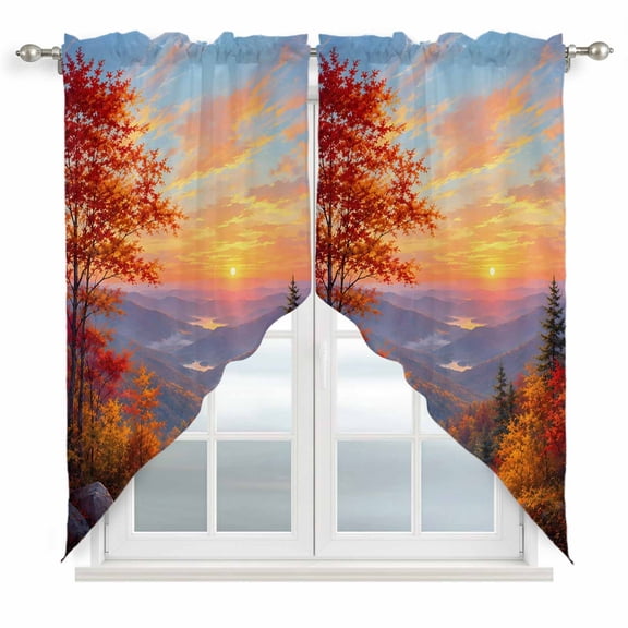 Fall Landscape Swag Curtain Valance for Windows, Sunset Serene Orange Maple Trees Forest Mountain Peak Window Treatments Short Swag Topper for Kitchen Windows Bathroom Bedroom, 36"x63"