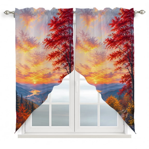 Fall Landscape Swag Curtain Valance for Windows, Sunset Serene Red Orange Maple Trees Forest Mountain Window Treatments Short Swag Topper for Kitchen Windows Bathroom Bedroom, 36"x63"