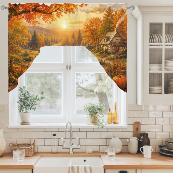 Fall Landscape Swag Valance for Windows, Orange Gold Maple Leaf Pumpkins Tree Rustic Countryside Swag Curtains Valances for Small Window Treatment Rod Pocket for Kitchen Bathroom 1 Panel 56x36in