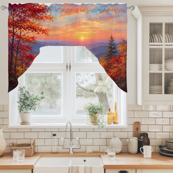 Fall Landscape Swag Valance for Windows, Sunset Serene Orange Maple Trees Forest Mountain Peak Swag Curtains Valances for Small Window Treatment Rod Pocket for Kitchen Bathroom 1 Panel 56x36in