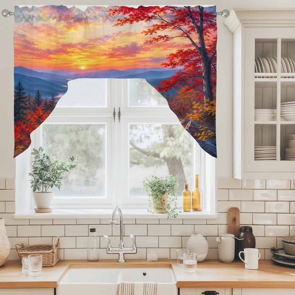 Fall Landscape Swag Valance for Windows, Sunset Serene Red Orange Maple Trees Forest Mountain Swag Curtains Valances for Small Window Treatment Rod Pocket for Kitchen Bathroom 1 Panel 56x36in