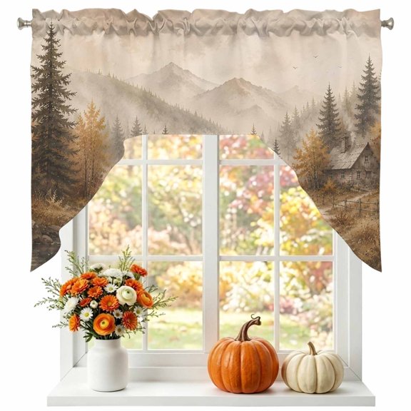 Fall Landscape Swag Valances for Windows 56 x 36 Inch, Misty Mountains Brown Trees Forest Fog Country Cabin Rod Pocket Light Filtering Window Topper for Kitchen Bathroom Bedroom Living Room