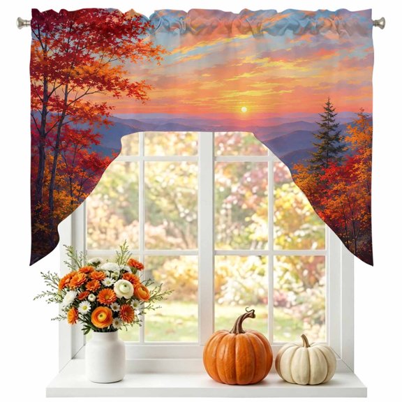 Fall Landscape Swag Valances for Windows 56 x 36 Inch, Sunset Serene Orange Maple Trees Forest Mountain Peak Rod Pocket Light Filtering Window Topper for Kitchen Bathroom Bedroom Living Room