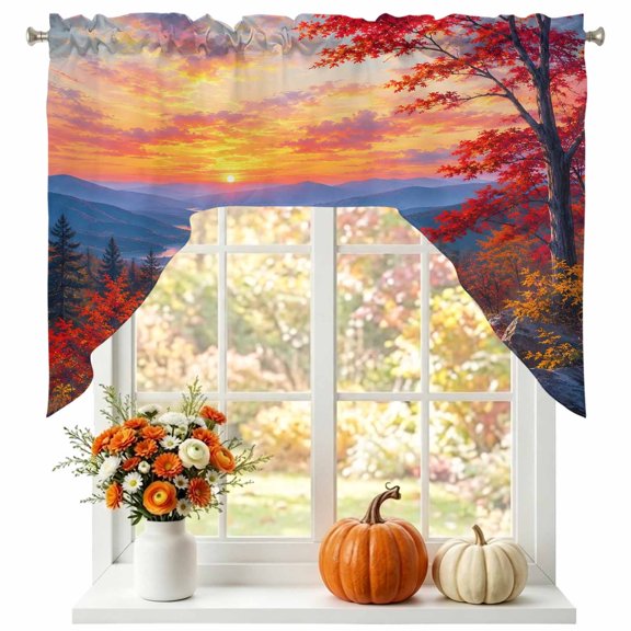 Fall Landscape Swag Valances for Windows 56 x 36 Inch, Sunset Serene Red Orange Maple Trees Forest Mountain Rod Pocket Light Filtering Window Topper for Kitchen Bathroom Bedroom Living Room