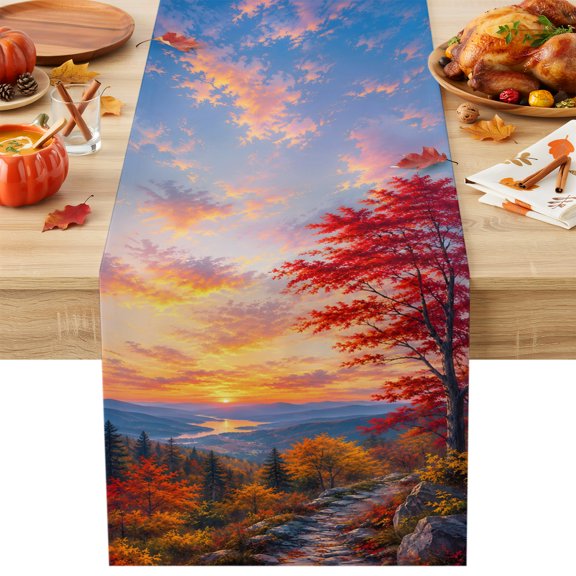 Fall Landscape Table Runner 13x120 Inch Sunset Serene Red Orange Maple Trees Forest Mountain Cotton Linen Dining Table Runner Ideal for Dresser Kitchen Coffee Tables - Machine Washable