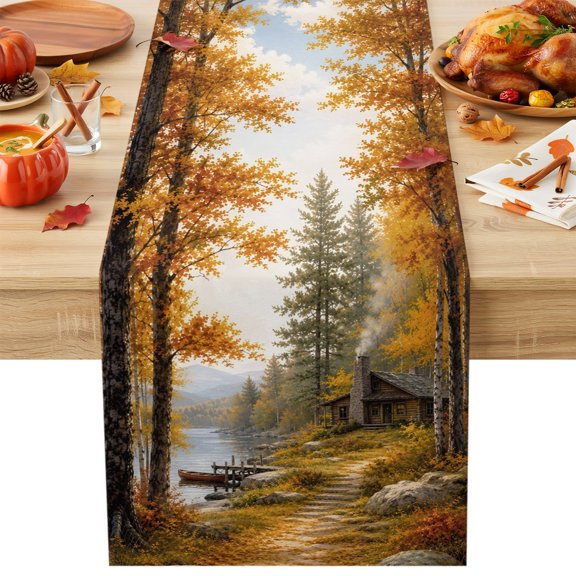 Fall Landscape Table Runner, Lakeside Orange Maple Trees Forest Row Boat Cotton Linen Kitchen Table Decoration Washable Dining Tabletop Runners for Home Party Decor 13x36 Inches