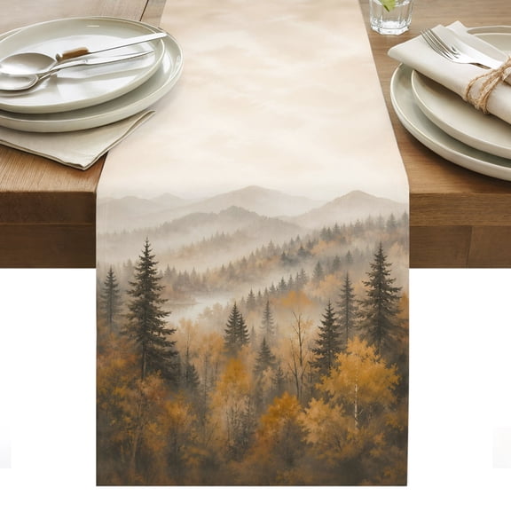 Fall Landscape Table Runner, Misty Mountains Orange Maple Trees Forest Fog Washable Kitchen Table Runners Dress Scarves for Dining Table Decorations Party/Restaurant/Indoor Outdoor Use, 13x36in