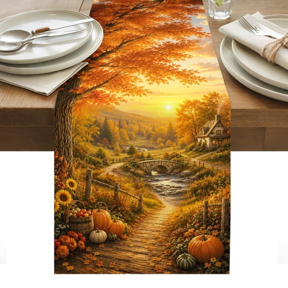 Fall Landscape Table Runner, Orange Gold Maple Leaf Pumpkins Tree Rustic Countryside Washable Kitchen Table Runners for Dining Table Decorations Party/Restaurant/Indoor Outdoor Use, 13x36in