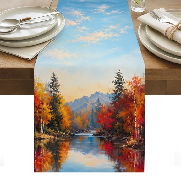 Fall Landscape Table Runner, Serene Lake Orange Maple Trees Forest Mountain Peak Washable Kitchen Table Runners Dress Scarves for Dining Table Decorations Party/Restaurant/Indoor Outdoor Use, 13x36in