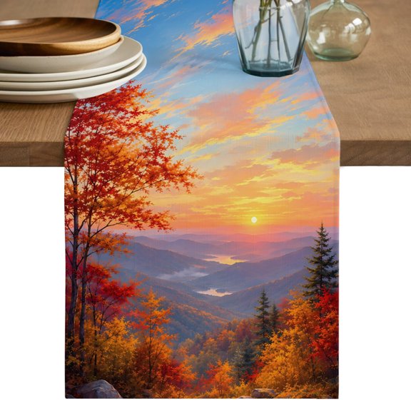 Fall Landscape Table Runner, Sunset Serene Orange Maple Trees Forest Mountain Peak Cotton Linen Table Cloth, Tablerunner for Kitchen Dining Party Wedding Home Decor 13x36 Inch