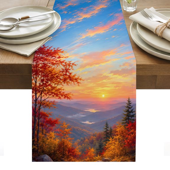 Fall Landscape Table Runner, Sunset Serene Orange Maple Trees Forest Mountain Peak Washable Kitchen Table Runners for Dining Table Decorations Party/Restaurant/Indoor Outdoor Use, 13x48in