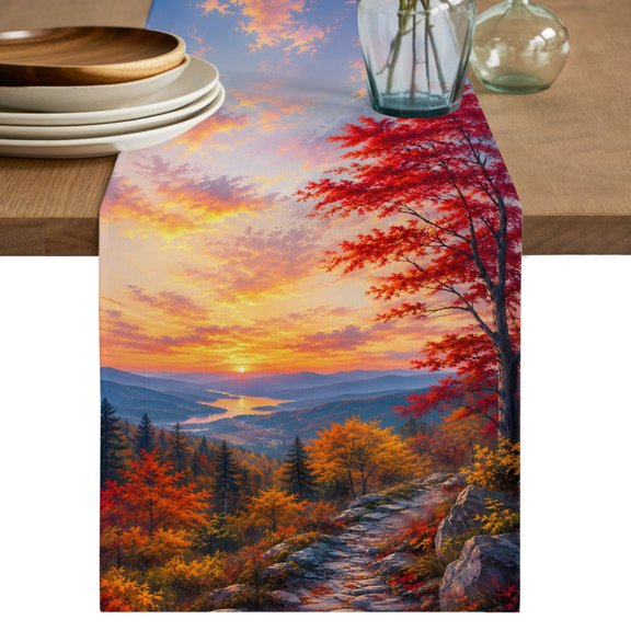 Fall Landscape Table Runner, Sunset Serene Red Orange Maple Trees Forest Mountain Cotton Linen Table Cloth, Tablerunner for Kitchen Dining Party Wedding Home Decor 13x36 Inch