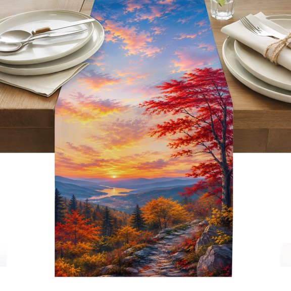 Fall Landscape Table Runner, Sunset Serene Red Orange Maple Trees Forest Mountain Washable Kitchen Table Runners for Dining Table Decorations Party/Restaurant/Indoor Outdoor Use, 13x90in