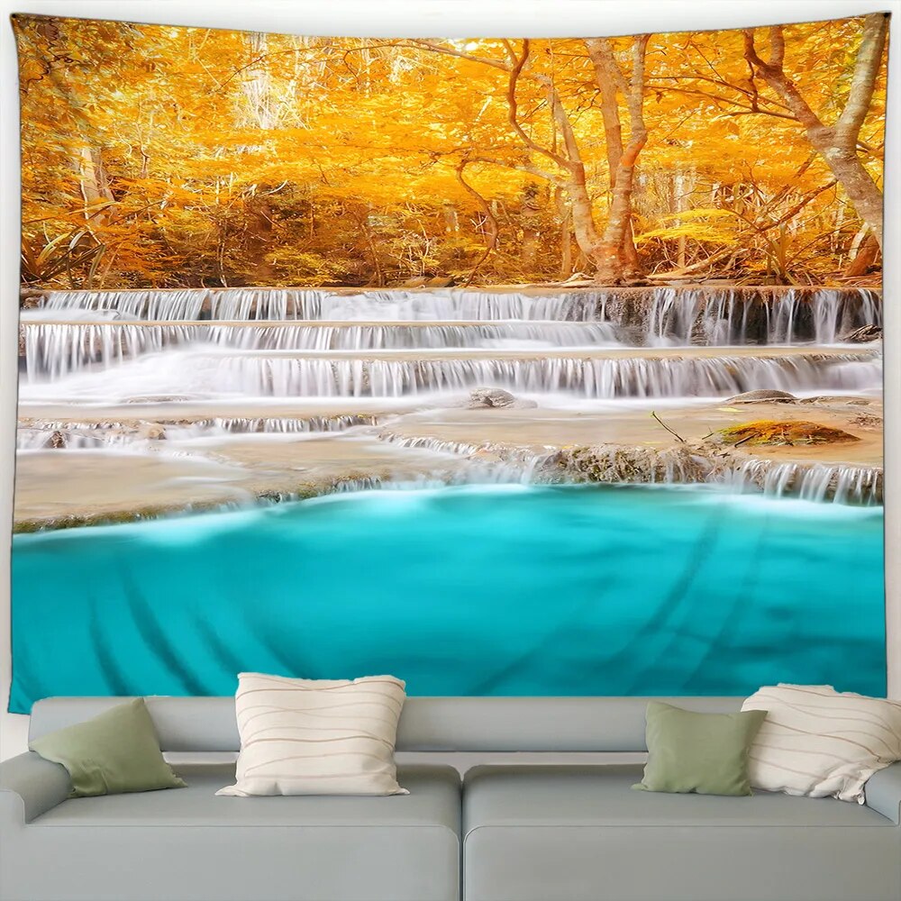 Fall Landscape Tapestry Nature Forest Waterfall Farm Maple Trees Autumn