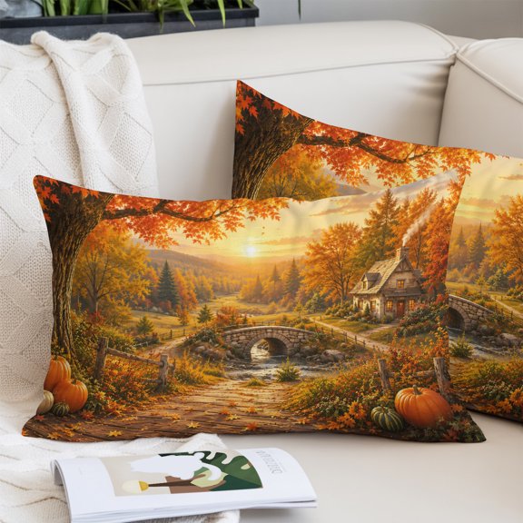 Fall Landscape Throw Pillow Covers, Orange Gold Maple Leaf Pumpkins Tree Rustic Countryside Decorative Lumbar Throw Pillowcase Cushion Cover with Smooth Hidden Zipper for Bedroom Sofa 24 x 36 Inches