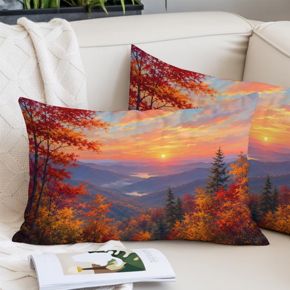 Fall Landscape Throw Pillow Covers, Sunset Serene Orange Maple Trees Forest Mountain Peak Decorative Lumbar Throw Pillowcase Cushion Cover with Smooth Hidden Zipper for Bedroom Sofa 24 x 36 Inches
