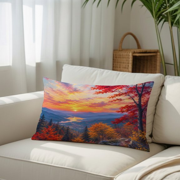 Fall Landscape Throw Pillow Covers, Sunset Serene Red Orange Maple Trees Forest Mountain Decorative Lumbar Throw Pillowcase Cushion Cover with Smooth Hidden Zipper for Bedroom Sofa 12 x 20 Inches