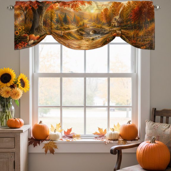 Fall Landscape Tie Up Valance for Windows, Orange Gold Maple Leaf Pumpkins Tree Rustic Countryside Adjustable Rod Pocket Tie Up Valance Curtains for Kitchen Bathroom Bedroom 42 X 12 Inch