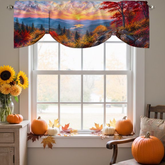 Fall Landscape Tie Up Valance for Windows, Sunset Serene Red Orange Maple Trees Forest Mountain Adjustable Rod Pocket Tie Up Valance Curtains for Kitchen Bathroom Bedroom 42 X 12 Inch