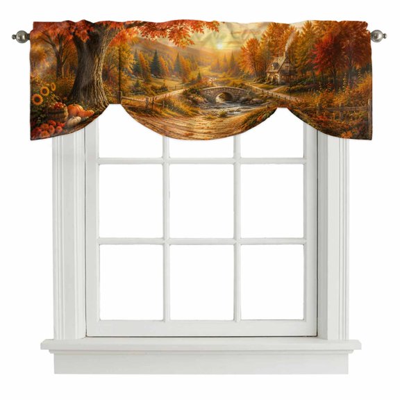 Fall Landscape Tie Up Valances Curtain, Orange Gold Maple Leaf Pumpkins Tree Rustic Countryside Adjustable Valance for Window Light Filtering for Kitchen and Bathroom Rod Pocket 1 Panel 60x18in