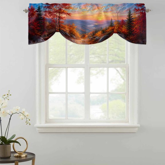 Fall Landscape Tie Up Valances Curtain, Sunset Serene Orange Maple Trees Forest Mountain Peak Kitchen Valances for Windows Decor, Rod Pocket Short Curtains Set for Bedroom/Bathroom, 60"x18"