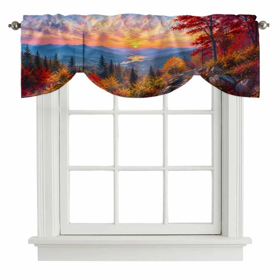 Fall Landscape Tie Up Valances Curtain, Sunset Serene Red Orange Maple Trees Forest Mountain Adjustable Valance for Window Light Filtering for Kitchen and Bathroom Rod Pocket 1 Panel 42x12in