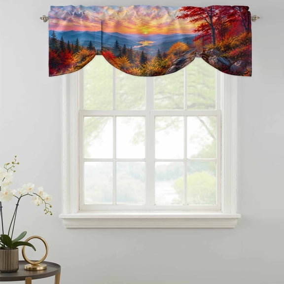 Fall Landscape Tie Up Valances Curtain, Sunset Serene Red Orange Maple Trees Forest Mountain Kitchen Valances for Windows Decor, Rod Pocket Short Curtains Set for Bedroom/Bathroom, 42"x12"