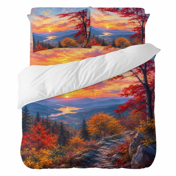 Fall Landscape Twin Duvet Cover Set, Sunset Serene Red Orange Maple Trees Forest Mountain 4 Piece Microfiber Bedding Set with Zipper Closure, Bed Sheet and 2 Pillow Shams, Soft Bedding Cover