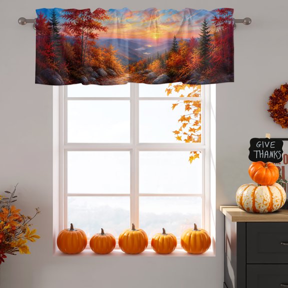 Fall Landscape Valance Curtain 1 Panel, Sunset Serene Orange Maple Trees Forest Mountain Peak Kitchen Valance with Rod Pocket Window Treatment Short Curtains for Bathroom Bedroom, 42 x 12 Inches