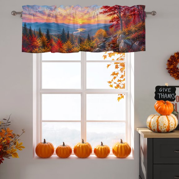 Fall Landscape Valance Curtain 1 Panel, Sunset Serene Red Orange Maple Trees Forest Mountain Kitchen Valance with Rod Pocket Window Treatment Short Curtains for Bathroom Bedroom, 42 x 18 Inches