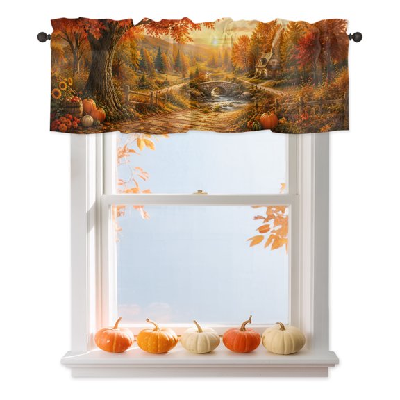 Fall Landscape Valances for Windows, Orange Gold Maple Leaf Pumpkins Tree Rustic Countryside Rod Pocket Valance Short Window Treatments Curtains for Kitchen Bathroom Bedroom Decor, 60 x 18 Inches