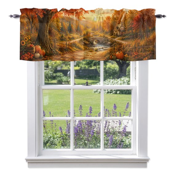 Fall Landscape Valances for Windows, Orange Gold Maple Leaf Pumpkins Tree Rustic Countryside Valance Window Treatment Rod Pocket Short Curtains Valances for Kitchen Bathroom 56"W x 16"L