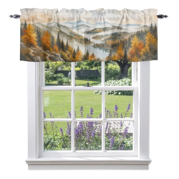 Fall Landscape Valances for Windows, Orange Maple Trees Forest Fog Wilderness Valance Window Treatment Rod Pocket Short Curtains Valances for Kitchen Bathroom 42"W x 12"L