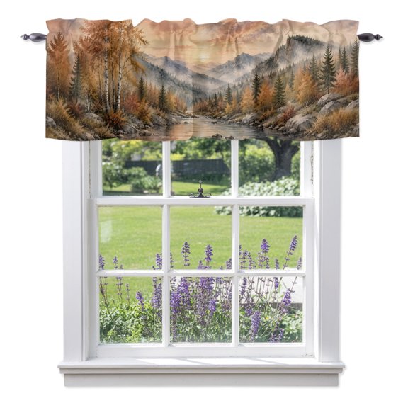 Fall Landscape Valances for Windows, Orange Maple Trees Forest Mountain Peak Valance Window Treatment Rod Pocket Short Curtains Valances for Kitchen Bathroom 42"W x 12"L