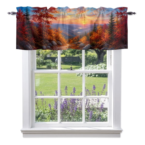 Fall Landscape Valances for Windows, Sunset Serene Orange Maple Trees Forest Mountain Peak Rod Pocket Short Window Valance Curtains Holiday Window Treatment for Kitchen Living Room Bathroom 56" x 16"