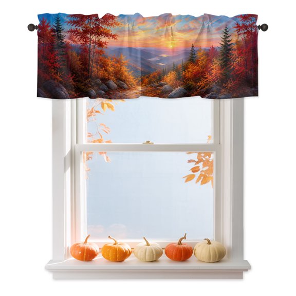 Fall Landscape Valances for Windows, Sunset Serene Orange Maple Trees Forest Mountain Peak Rod Pocket Valance Short Window Treatments Curtains for Kitchen Bathroom Bedroom Decor, 60 x 18 Inches