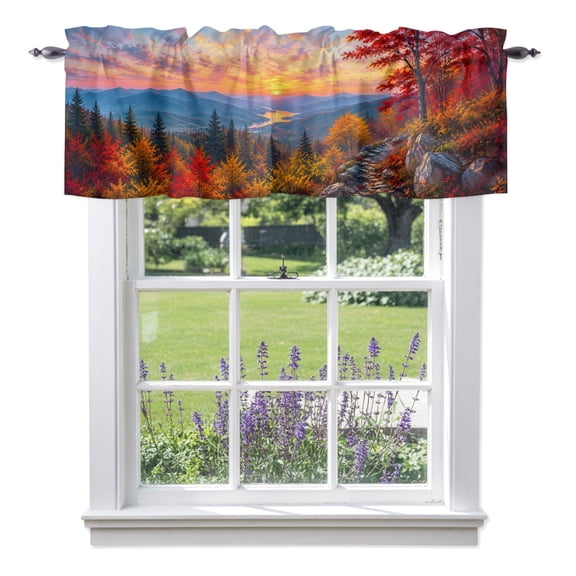 Fall Landscape Valances for Windows, Sunset Serene Red Orange Maple Trees Forest Mountain Rod Pocket Short Window Valance Curtains Holiday Window Treatment for Kitchen Living Room Bathroom 56" x 16"