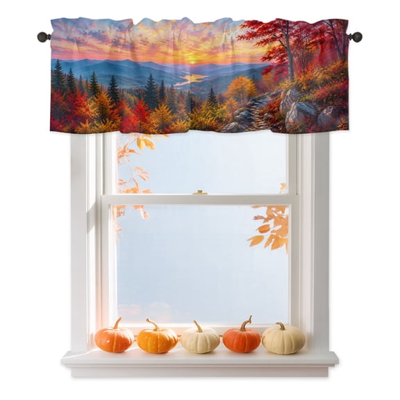 Fall Landscape Valances for Windows, Sunset Serene Red Orange Maple Trees Forest Mountain Rod Pocket Valance Short Window Treatments Curtains for Kitchen Bathroom Bedroom Decor, 42 x 12 Inches