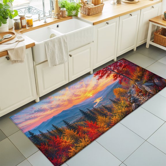 Fall Landscape Washable Runner Rugs 2'x6', Sunset Serene Red Orange Maple Trees Forest Mountain Washable Runner Rug Non-Slip Sturdy Edge Binding Carpet for Bedside Hallway Runner Kitchen Galley