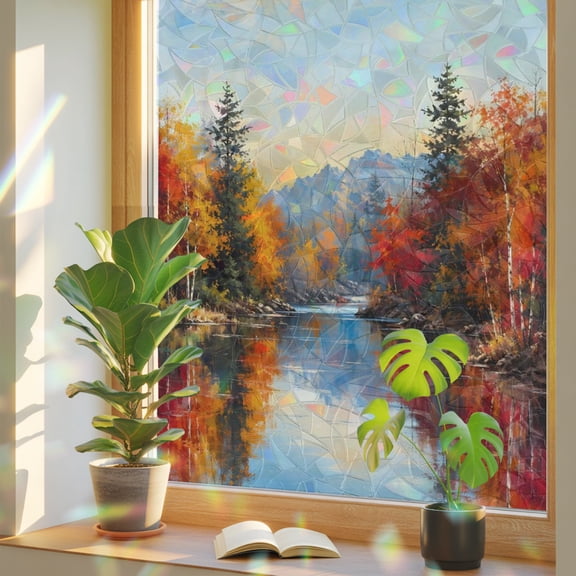 Fall Landscape Window Privacy Film, Serene Lake Orange Maple Trees Forest Mountain Peak Stained Glass Holographic Film Decorative Window Clings, Static Cling Sun Blocking Stickers 17.7" x 39.3"