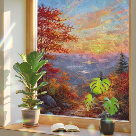 Fall Landscape Window Privacy Film, Sunset Serene Orange Maple Trees Forest Mountain Peak Stained Glass Holographic Film Decorative Window Clings, Static Cling Sun Blocking Stickers 17.7" x 39.3"