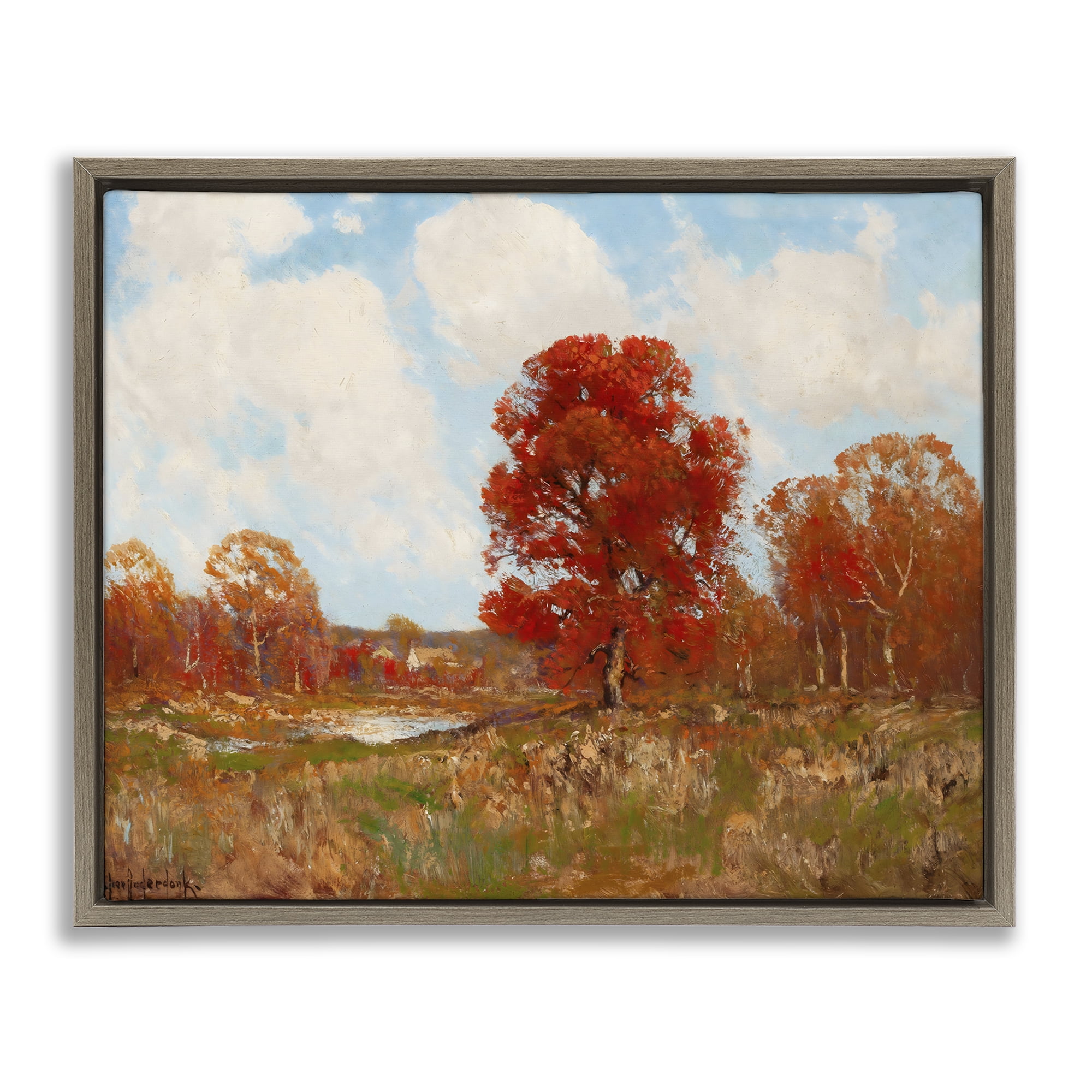 Fall Landscape with Red Foliage Brown Framed Floater Canvas Wall Art, design by Arlington Prints