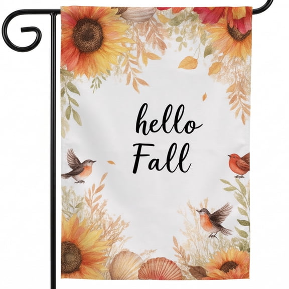 Fall Large House Flag 28*40 A hello fall card with sunflowers and birds on a white background Porch Decorations Outdoor
