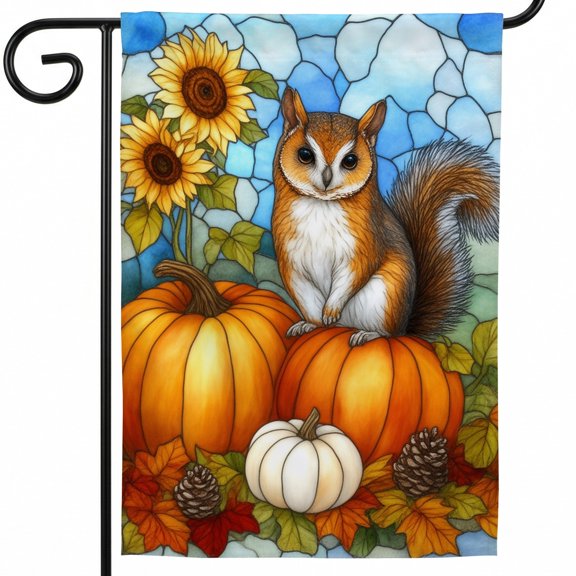 Fall Large House Flag 28 x 40 A squirrel sitting on top of a pumpkin surrounded by sunflowers Outdoor Hanging Fall Decor