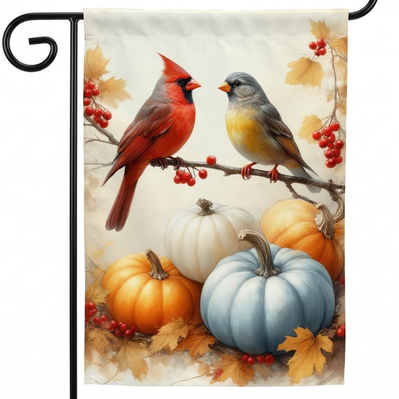 Fall Large House Flag 28 x 40 in A couple of birds sitting on top of a branch next to pumpkins Yard Double-Sided Flags for Outside