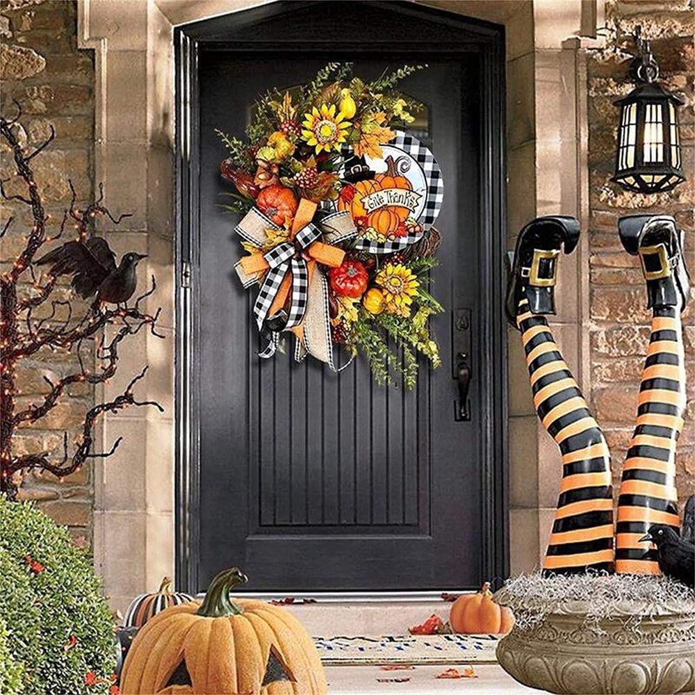 Fall Lattice Pumpkin and Sunflower Wreath Doorplate for Front Door -Home Decoration Halloween Autumn Eucalyptus Rustic Farmhouse Wreaths for Thanksgiving Christmas Garden Home Festival Decorations