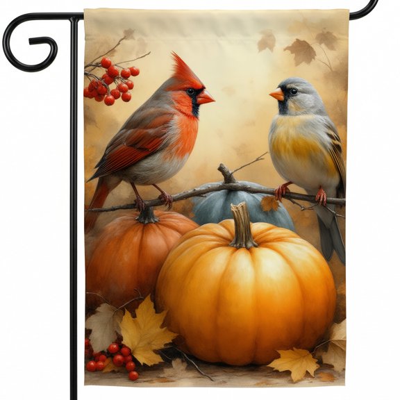 Fall Lawn Flag 28x40in A couple of birds sitting on top of a branch next to pumpkins Outdoor Front Porch Decor