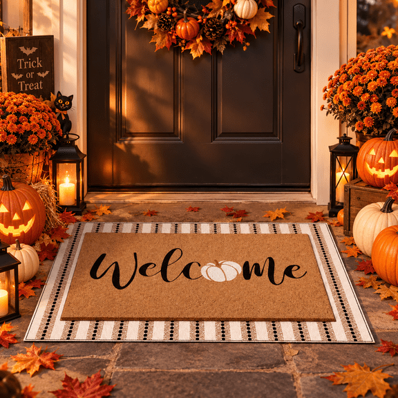 Fall Layered Doormat Hello Pumpkin Door Mat, Neutral Farmhouse Pumpkin Design, Non-Slip Outdoor Mat Style for Front Door, Porch, Halloween & Autumn Decor, 23.6 x 15.7 in